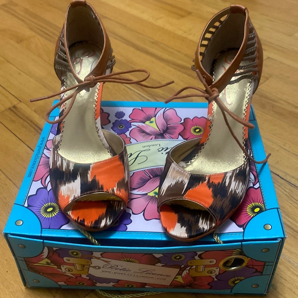 Brown and orange fabric with tan leather 3 inch heel